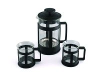 GIPFEL 7440 Набор стеклянный чайник  на 4 чашки/ 600 мл и 2 кружки для кофе 200 мл (черная пластиковая оправа)