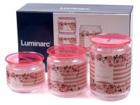 Набор банок для хранения LUMINARC 9213P Plano Rosettes Pink 0.5 л; 0,75 л; 1,0 л