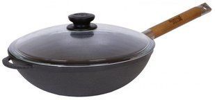 Сковорода чавунна WOK з дерев'яною ручкою та скляною кришкою 24 см Біол (1524С) 1524С фото