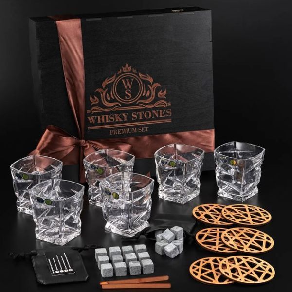 Набір камені для віскі 24шт Whiskey Stones + 6 склянок кришталь Bohemia Zig-Zag 300 мл WS609 фото