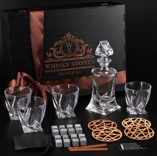 Набір камені для віскі 16шт Whiskey Stones + 4 склянки кришталь Bohemia Quadro 340 мл + графин 500 мл WS402D фото