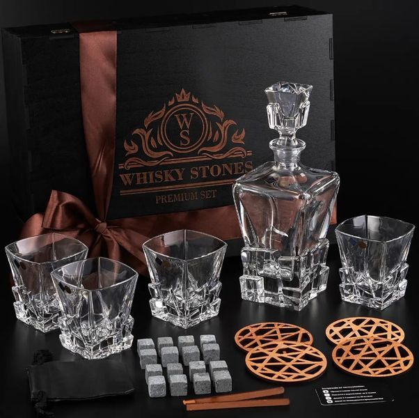 Набір камені для віскі 16шт Whiskey Stones + 4 склянки кришталь Bohemia Crack 310 мл + графин 900 мл WS408D фото