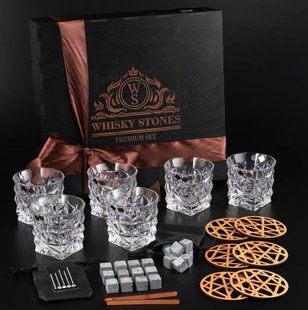 Набір камені для віскі 24шт Whiskey Stones + 6 склянок кришталь Bohemia Glacier 350 мл WS605 фото