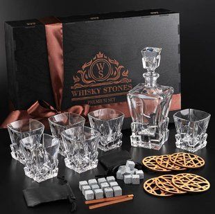 Набір камені для віскі 24шт Whiskey Stones + 6 склянок кришталь Bohemia Crack 310 мл + графин 900 мл WS608D фото