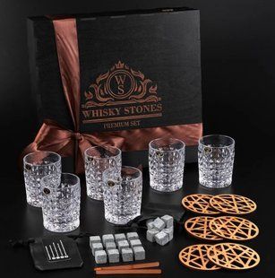Набір камені для віскі 24шт Whiskey Stones + 6 склянок кришталь Bohemia Diamond 280 мл WS604 фото